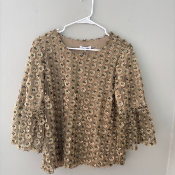 NWT Calvin Klein Embroidered Mesh Top Gold and Peacock Blue Bell Sleeves Size M - Picture 2 of 8